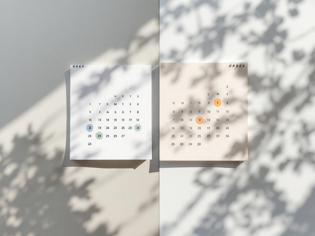 Image en split-frame — côté gauche montre un calendrier papier clairsemé avec 2 entrées encerclées en un mois ; côté droit montre un calendrier numérique dense avec 12+ entrées le même mois. Même angle, même éclairage. Transmet visuellement l'écart de vélocité.
