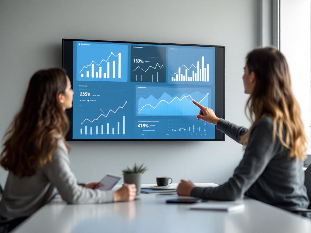 Une équipe marketing (3 personnes) rassemblée autour d'un tableau de bord sur un écran mural montrant des lignes de tendance et des données de classement. Une personne pointant l'écran, une autre prenant des notes. Contexte de salle de conférence, en discussion. Transmet l'analyse active, pas pas