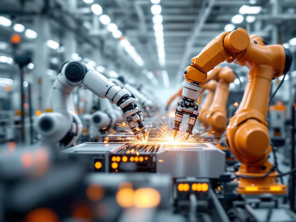 Wide-angle shot of a modern robotics facility showing multiple six-axis industrial arms (orange/white, FANUC or ABB style) working on an automotive body-in-white line. Sparks and motion blur on the arms. Shot from elevated catwalk angle. No people in