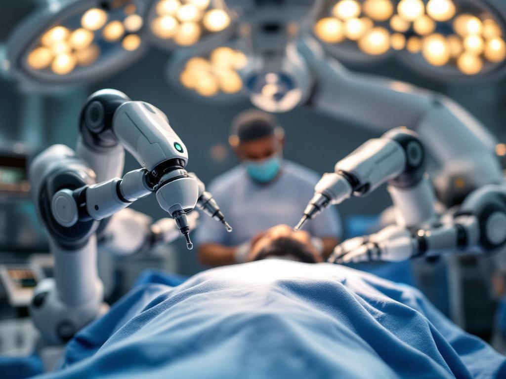 Close-up of a da Vinci Xi surgical system in an operating theater, four robotic arms positioned over a draped patient, surgeon visible at the console in the background (out of focus). Caption: "Intuitive Surgical reported 2.286 million da Vinci 