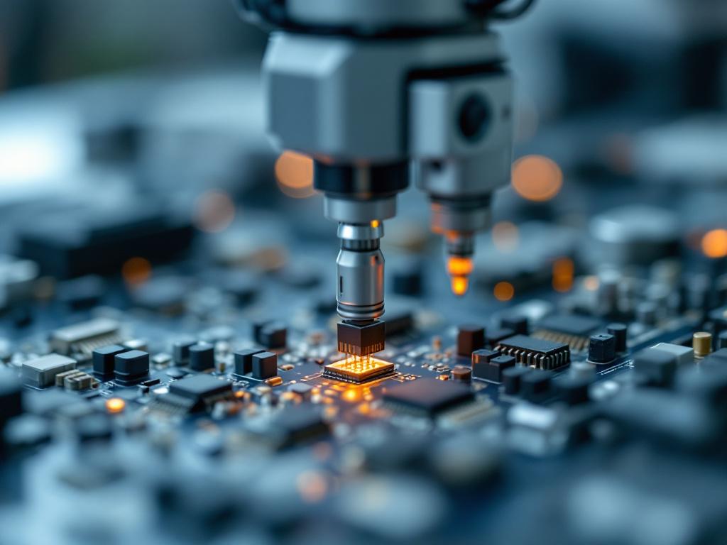 Macro shot of a robot end-effector executing a precision task — circuit board component placement, with the gripper holding a small SMD component. Shallow depth of field. Demonstrates the scale at which ±0.02 mm matters.