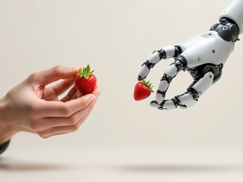 Side-by-side composition — left frame: human hand picking a ripe strawberry without bruising; right frame: a robotic gripper attempting the same task. Shows the dexterity gap concretely.