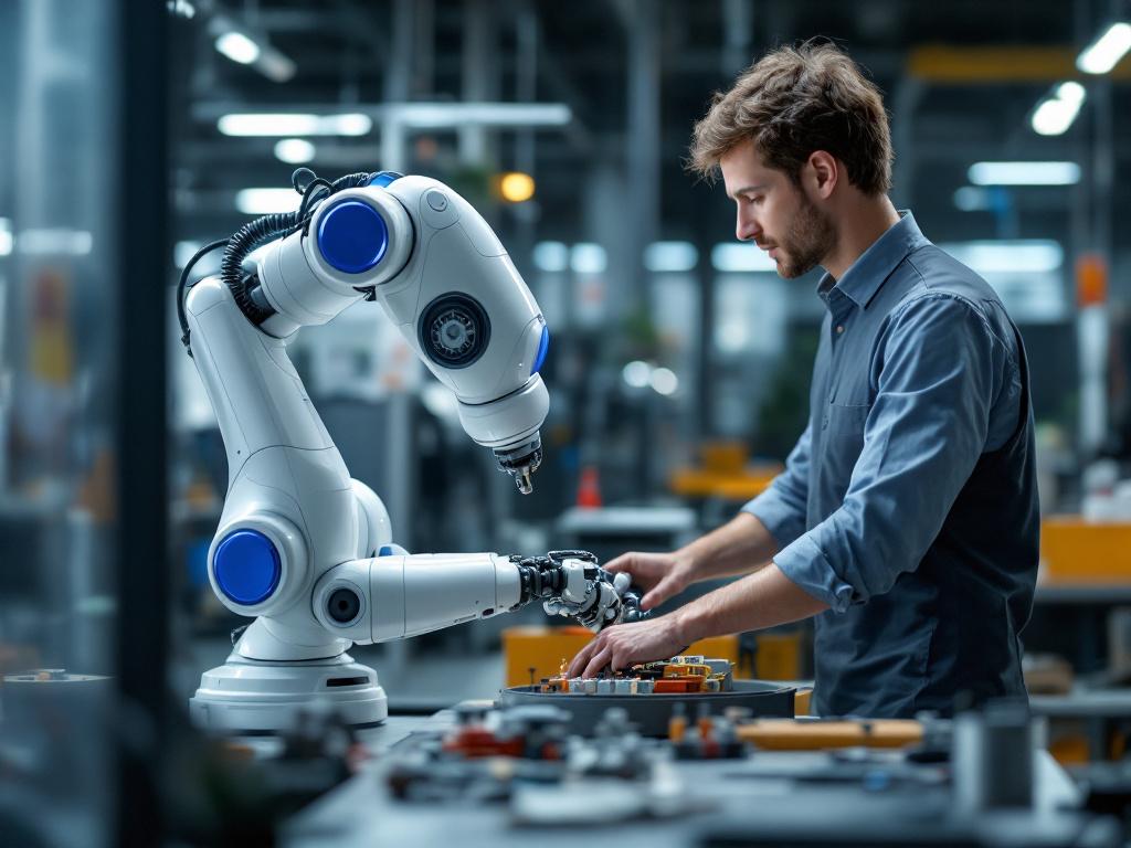 A cobot (Universal Robots UR10 or similar — rounded white/blue arm) working alongside a human operator at a workstation. Both visible in frame, no safety cage. Demonstrates the cobot proposition under ISO/TS 15066.
