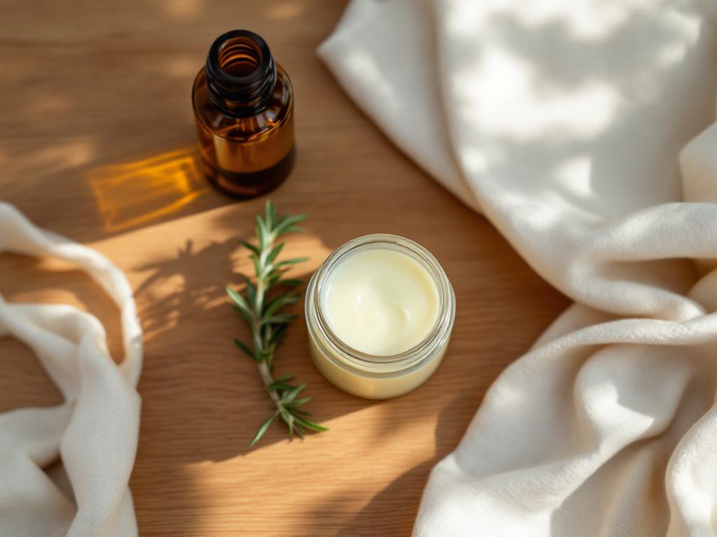 Flat-lay overhead shot of a small open glass jar of pale-cream tallow balm, beside a sprig of rosemary, a brown-glass bottle of vitamin E oil, and a folded linen cloth on a warm-toned wood surface in soft natural daylight. Apothecary-modern, traceabl
