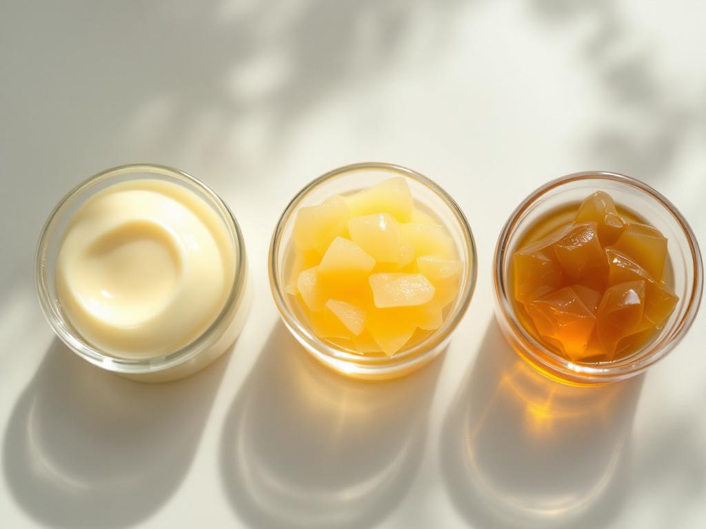 Side-by-side close-up of three small glass dishes containing tallow at different quality levels — left: fresh pale cream with smooth surface; centre: yellowed, slightly grainy texture; right: darkened amber-brown oxidised sample. Macro lighting showi