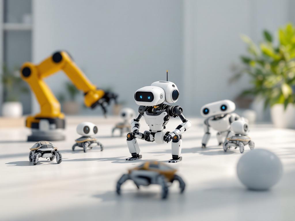 Hero image — Gazebo or Isaac Sim screenshot showing 4-6 heterogeneous robots (UR5e arm, Franka Panda, two TurtleBot3s, Spot quadruped) operating in shared simulation environment. Wide angle, slightly elevated viewpoint. RViz panel visible in corner s