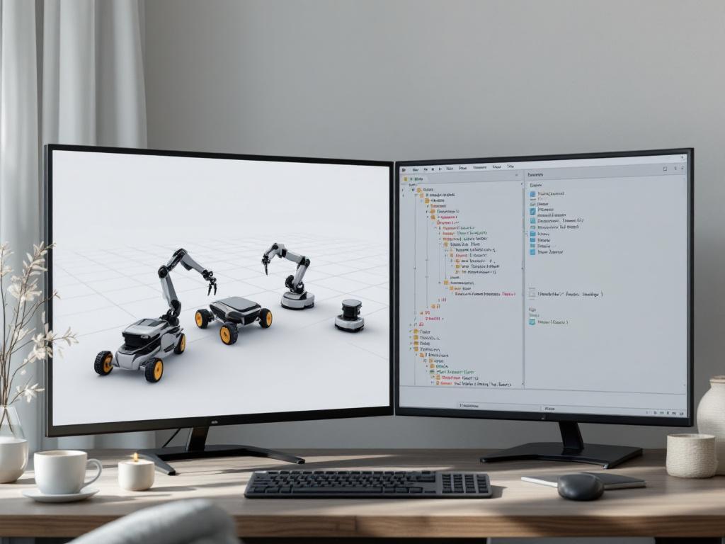 Split-screen Gazebo simulation — left side shows 3 robots of different types (mobile base, manipulator arm, quadruped) in shared environment; right side shows RViz with TF tree expanded, namespaced frames clearly visible (/robot_1/base_link, /robot_2