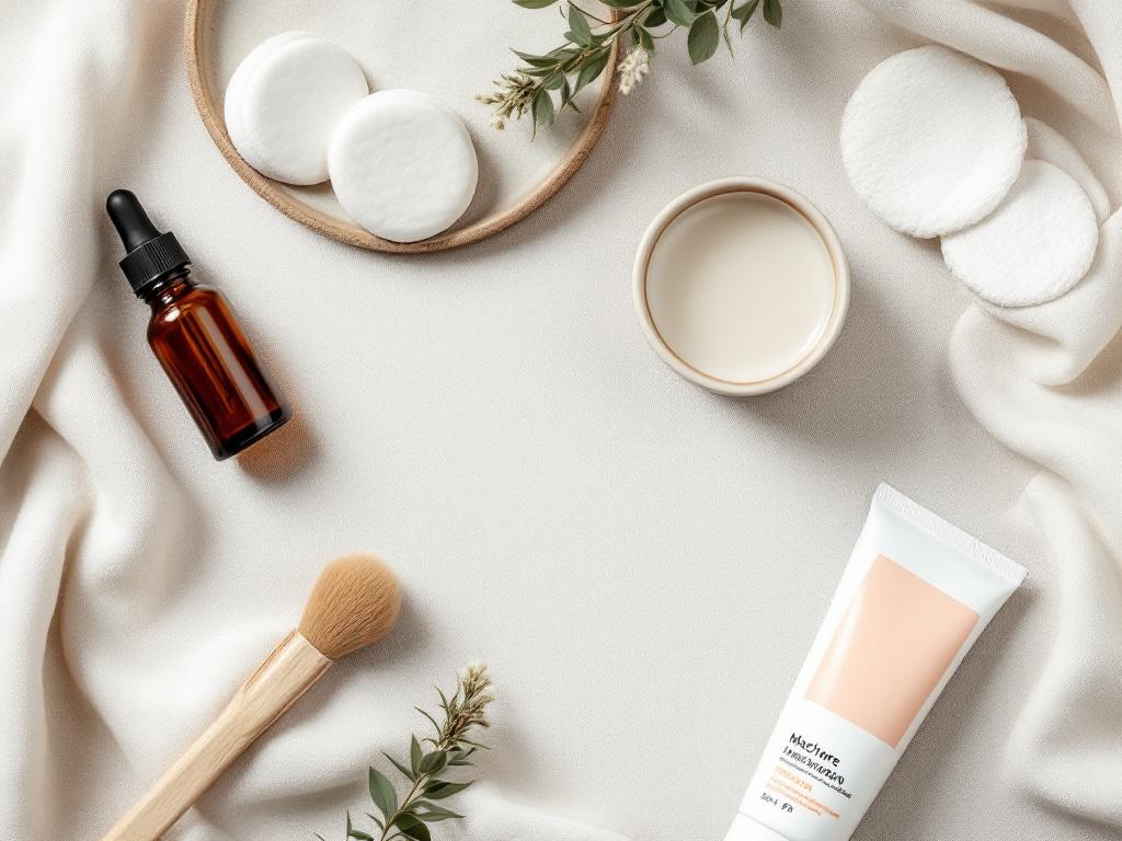 Flat-lay overhead shot on a soft neutral linen background — an unbranded amber dropper bottle, white cotton rounds, a small ceramic bowl with a pale liquid (suggestive of a neutralizer), a wide-tooth fan brush, a tube of moisturizer, and a tinted SPF