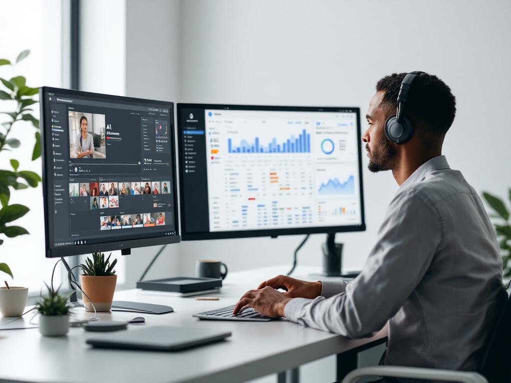 Foto de destaque — Um profissional de marketing de conteúdo em uma mesa moderna com três monitores visíveis: um mostrando uma interface de dublagem/localização de IA com timeline de vídeo, um mostrando um calendário de conteúdo com múltiplas bandeiras de idioma, um mostrando um dashboard de análise. Lateral