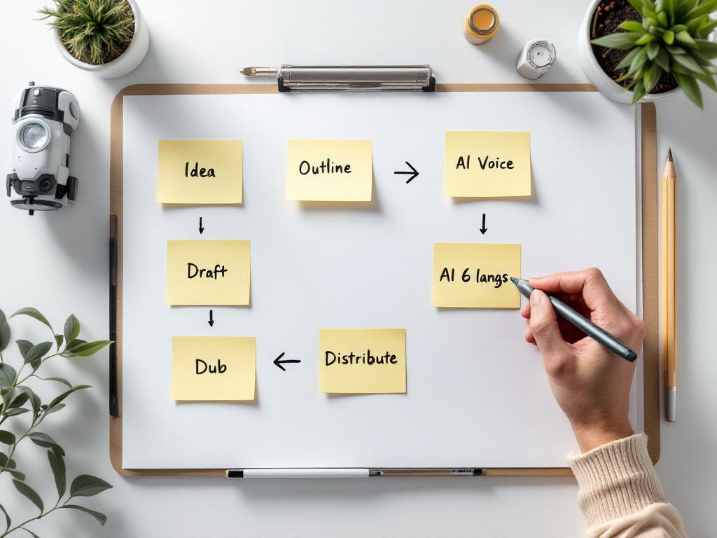 Foto conceitual em plano aberto. Whiteboard ou grande notebook visível de cima, com post-its organizados em um fluxo esquerda-para-direita: "Ideia → Esboço → Rascunho → Voz de IA → Dub (6 idiomas) → Distribuir." Mãos segurando uma caneta em anotação. Transmite