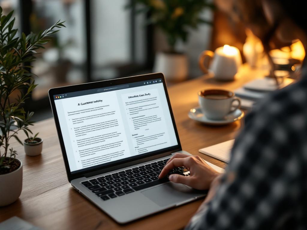 Imagem em destaque — um profissional de marketing na mesa com um laptop mostrando uma transcrição de entrevista com cliente de um lado e um rascunho estruturado de estudo de caso do outro; iluminação quente do escritório, ângulo ligeiramente acima do ombro, transmite o "entrada bruta → história polida"