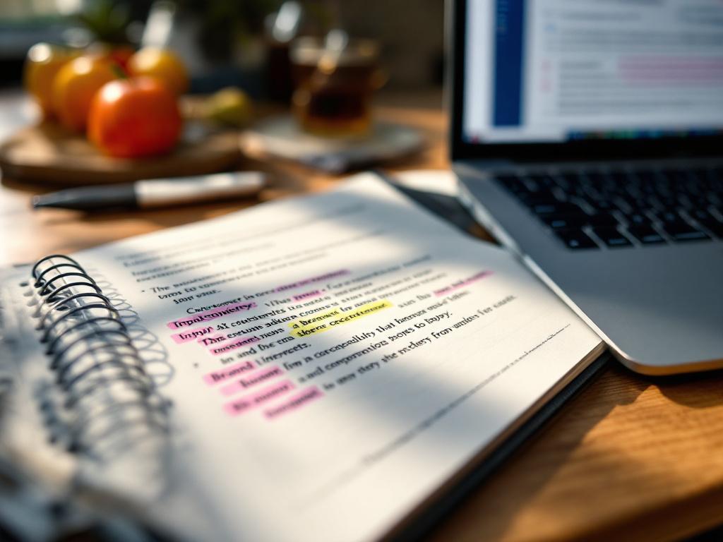 Close-up de um caderno com uma transcrição de entrevista com cliente impressa, marcações com highlighter em frases emocionais-chave, e um laptop desfocado mostrando um documento de rubric de voz de marca. Transmite o princípio "qualidade de entrada". Legenda: "O 