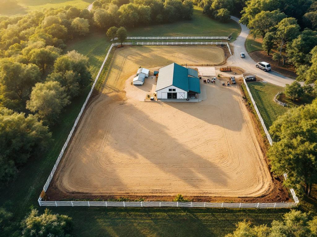Aerial drone shot of a working Ocala horse farm — white four-board fencing in geometric paddock layout, a center-aisle barn, mature live oaks, and a sand riding arena. Mid-morning light, slight haze typical of North Central Florida.