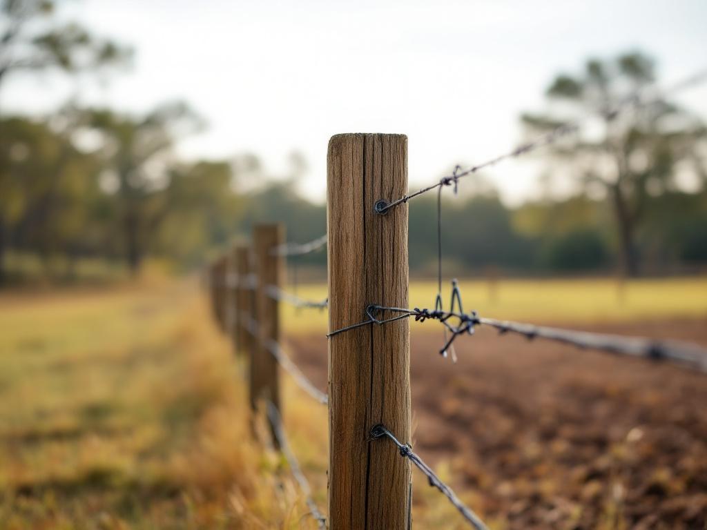 Close-up at fence-corner — well-maintained four-board oak fencing meeting a hot-wire run, with a freshly bush-hogged paddock beyond. Demonstrates the "what good looks like" standard the checklist describes.
