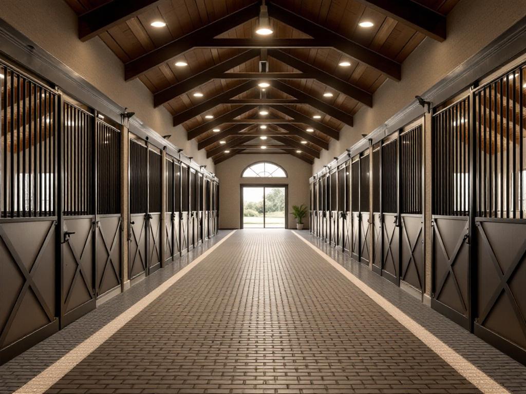 Interior of a modern center-aisle barn — rubber-paver aisle, polished kickboards, recessed LED lighting, tidy stall fronts. Establishes the "new construction standard."