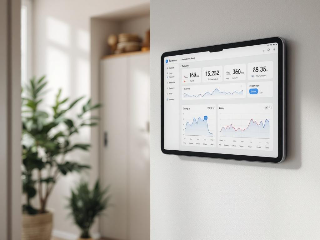 A Home Assistant dashboard on a wall-mounted tablet in a Warsaw apartment hallway, showing temperature, humidity, and energy graphs across a 30-day window. Natural daylight, slightly angled shot, no people in frame.