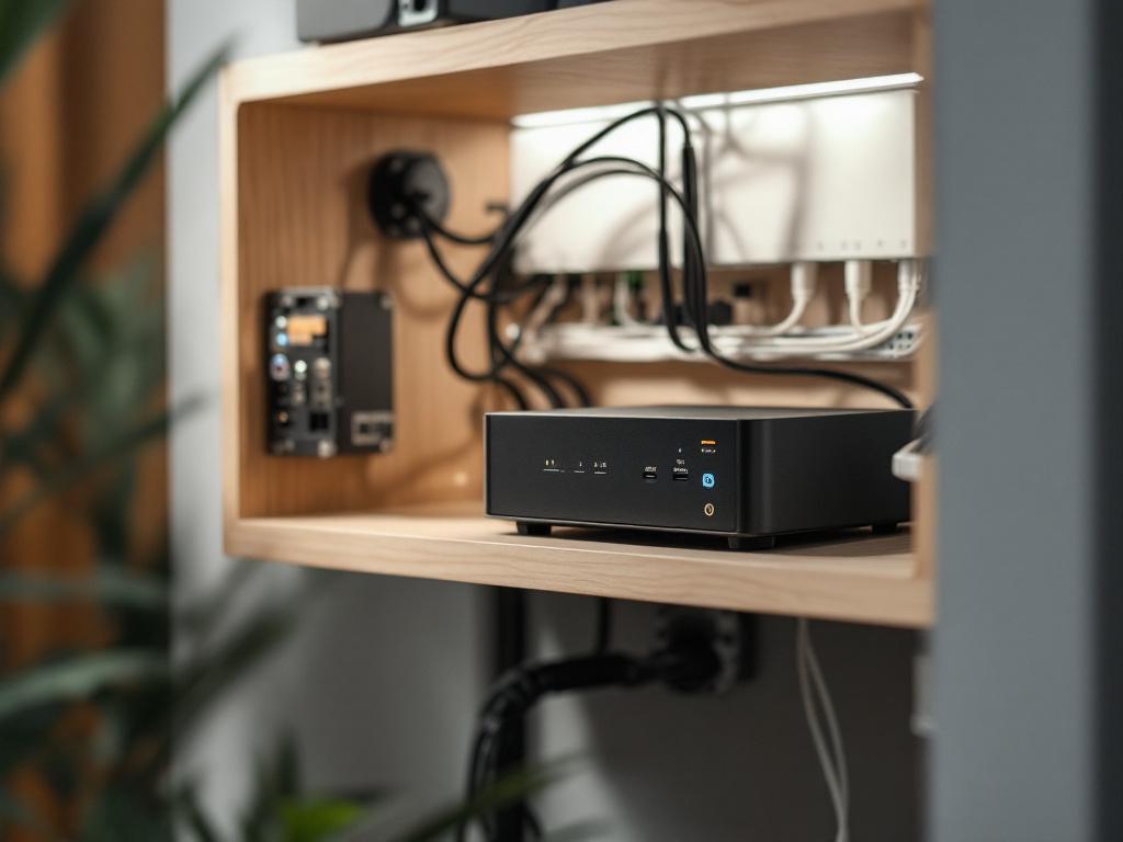 A small fanless mini-PC or NUC running Home Assistant, mounted in a residential network cabinet alongside the router. Cables labeled, neat installation. Suggests "this lives in your home, not in someone else's data center."