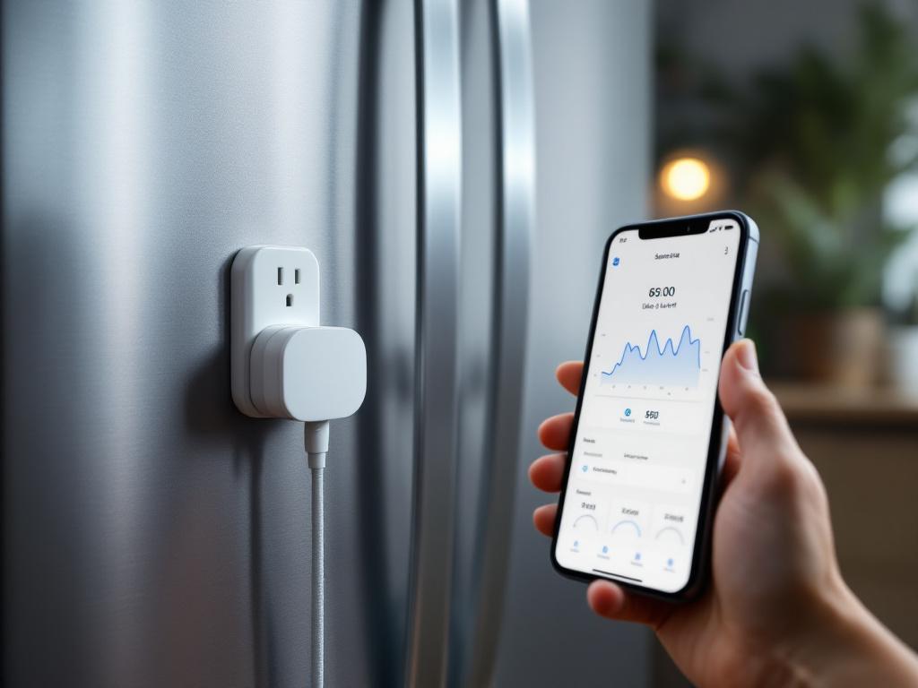 A Sonoff or Aqara energy-monitoring smart plug installed behind a refrigerator, with a phone screen in the foreground showing a power-draw graph from Home Assistant. Suggests "this is what monitoring actually looks like in a real kitchen."