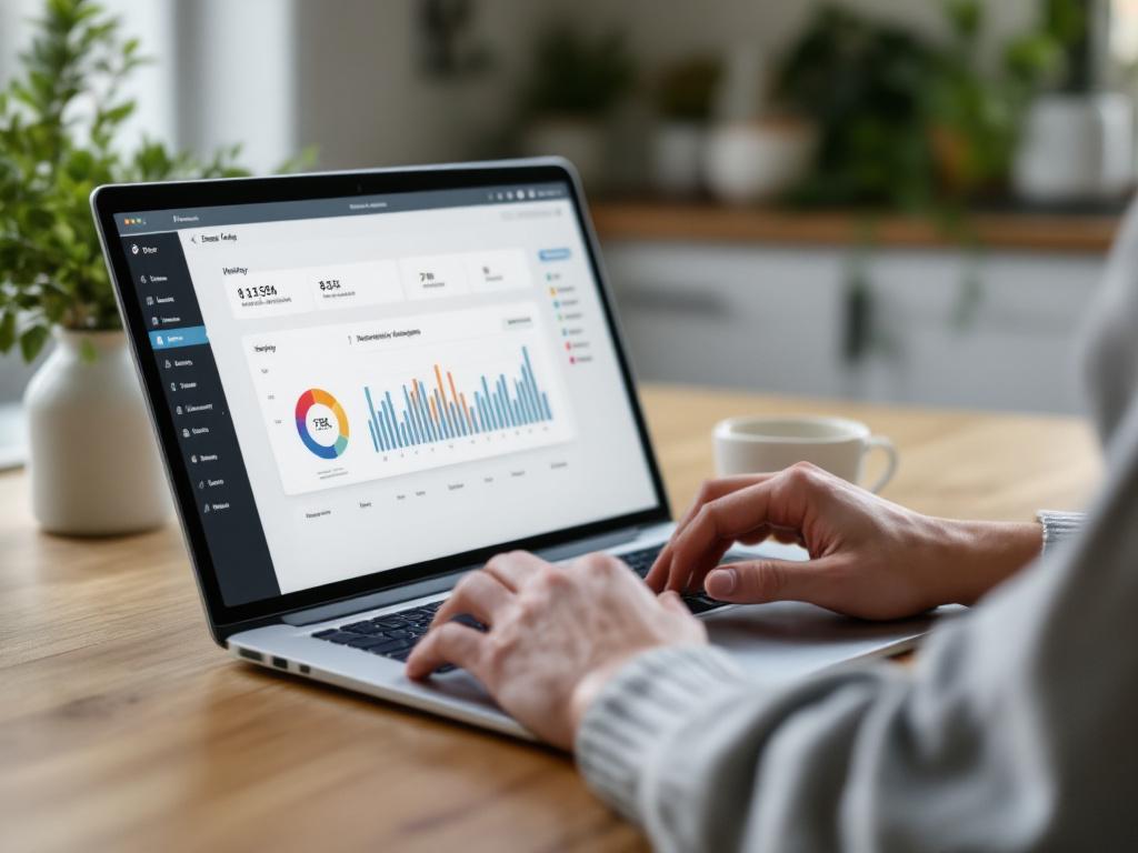 A homeowner (mid-shot, hands and laptop visible, face out of frame or soft focus) reviewing a Home Assistant history graph at a kitchen table. Tea or coffee on the table. Suggests routine, low-friction monthly review — not a crisis.