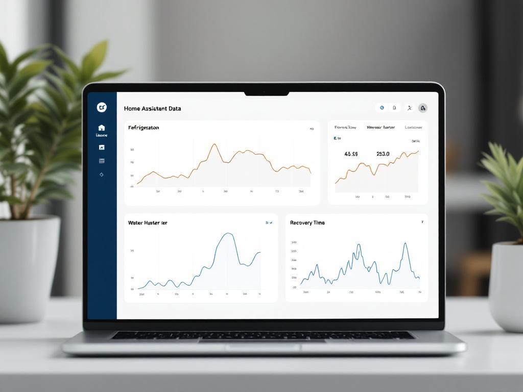 A Home Assistant Lovelace dashboard on a 14-inch laptop screen, showing two graphs side by side — a refrigerator power-draw line trending upward over 30 days, and a water heater recovery-time chart. Anonymized, no identifying info, screen sharp and w