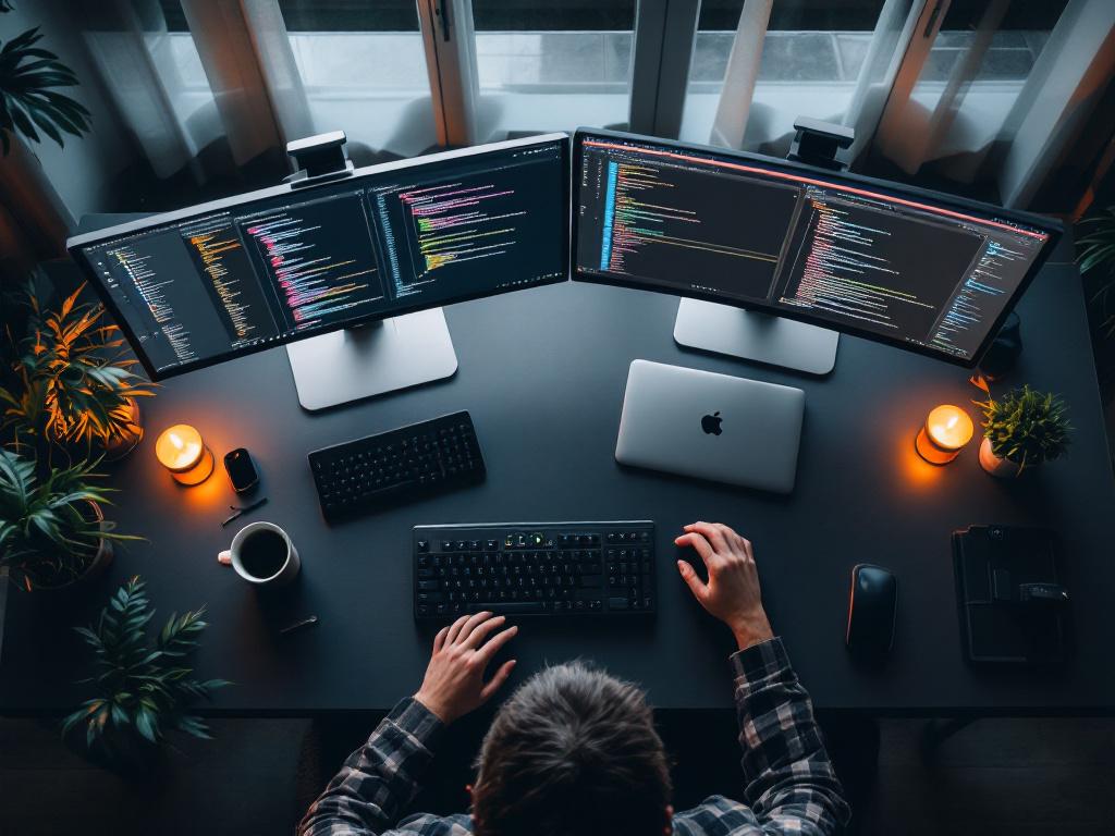 Overhead shot of a developer's desk with one laptop showing a single Kotlin Multiplatform code editor on the left half, and a second monitor showing Xcode and Android Studio side-by-side on the right half. Coffee mug, mechanical keyboard, dim warm li