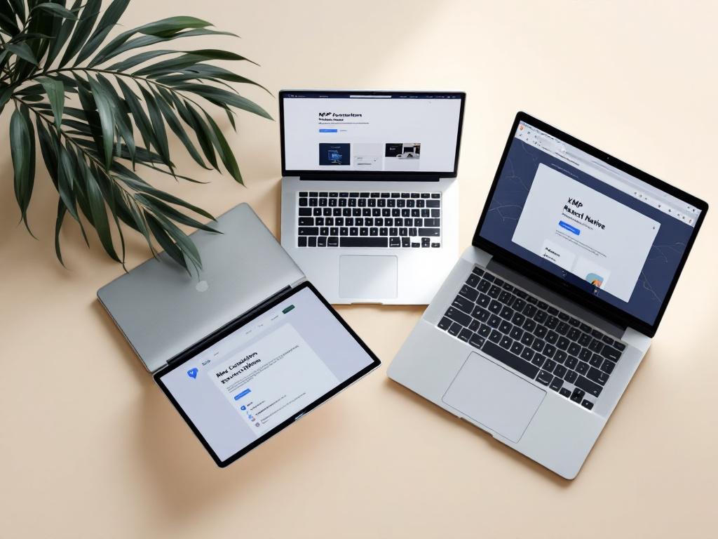 Three open laptops arranged in a fan layout, each displaying a different framework's documentation homepage — KMP/Compose Multiplatform, React Native, Flutter. Shot from above with neutral background. Visual representation of the toolkit landscape.