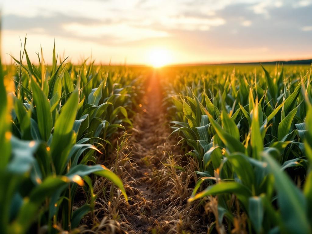Wide-angle shot of mid-season corn field at golden hour, two adjacent variety strips visible with subtle height and color difference between them. Camera at row level, shallow depth of field, rows converging to horizon.