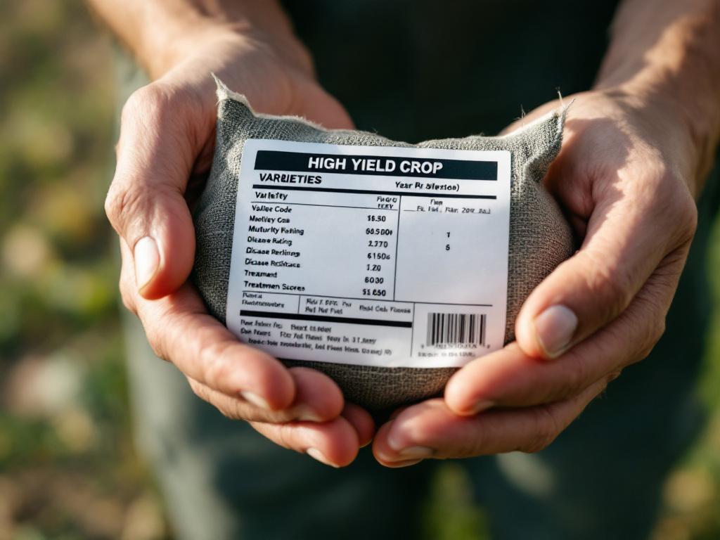 Close-up of a seed bag tag/label showing variety code, maturity rating, disease resistance scores, and treatment information. Shot in farmer's hands or at planter side.