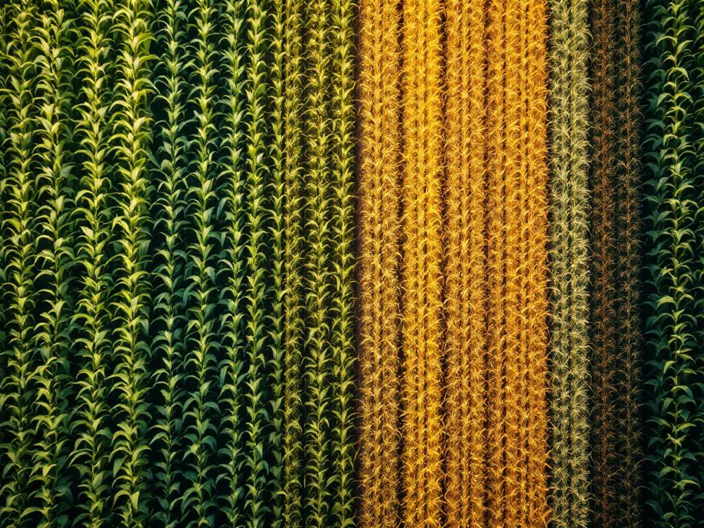 Aerial drone shot of a corn or soybean field showing parallel test strips with visible color and height variation between varieties. Strip boundaries should be clearly visible.