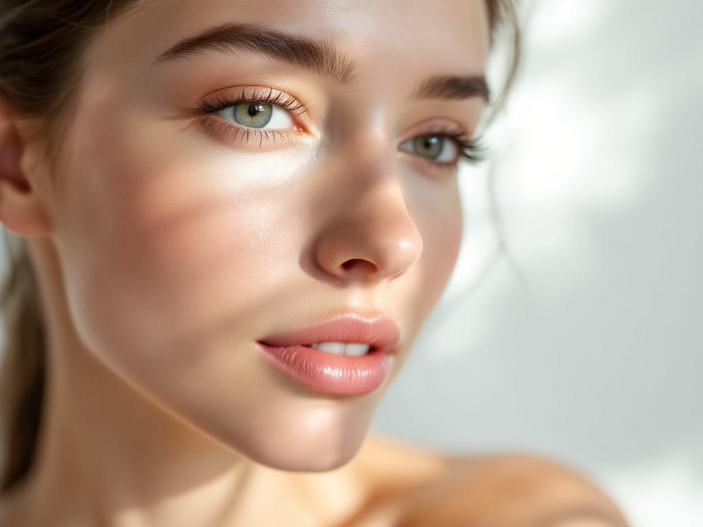 Close-up portrait of clear, well-hydrated skin under soft natural daylight — no heavy makeup, visible micro-texture (skin looks real, not airbrushed), neutral background. Should communicate "achievable" rather than "filtered." Fra