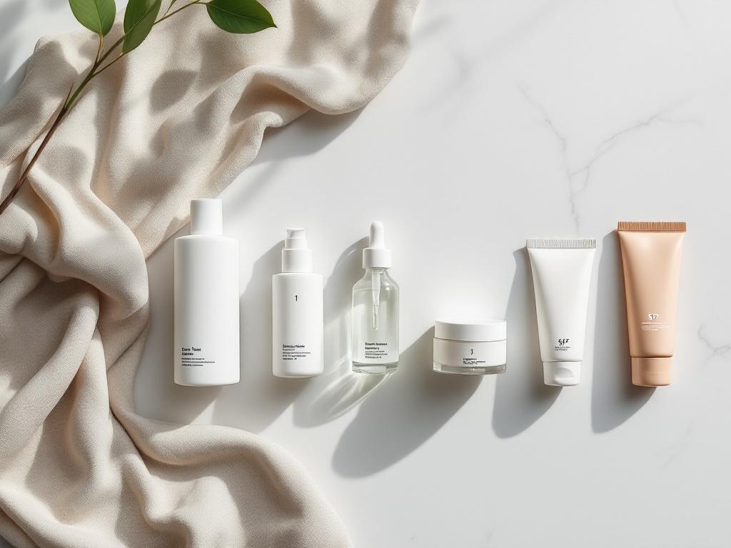 Flat-lay of morning routine. Five products arranged left-to-right in usage order on a neutral surface (linen, marble, or matte white). Numbered tags 1–5. Generic-looking products (no recognizable brand labels) — cleanser bottle, toner bottle, dropper
