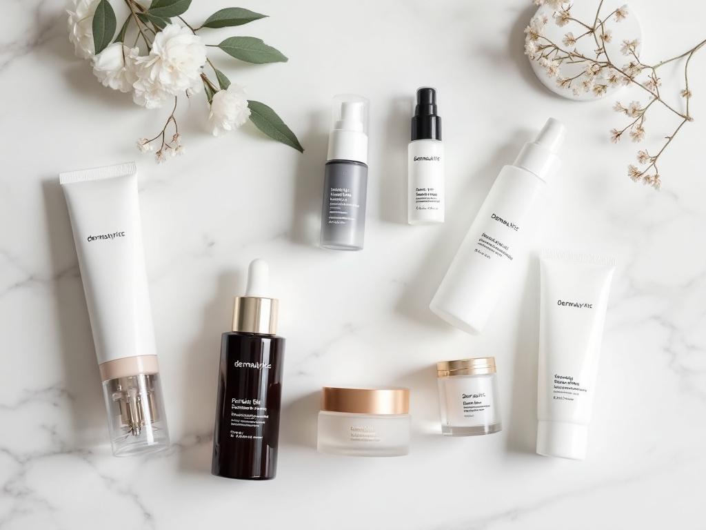 Flat-lay of evening routine. Six products arranged in usage sequence. Visually distinct from morning lay — slightly warmer/dimmer light, suggesting "evening." Include a small visual element (e.g., a clock or hourglass illustration) marking