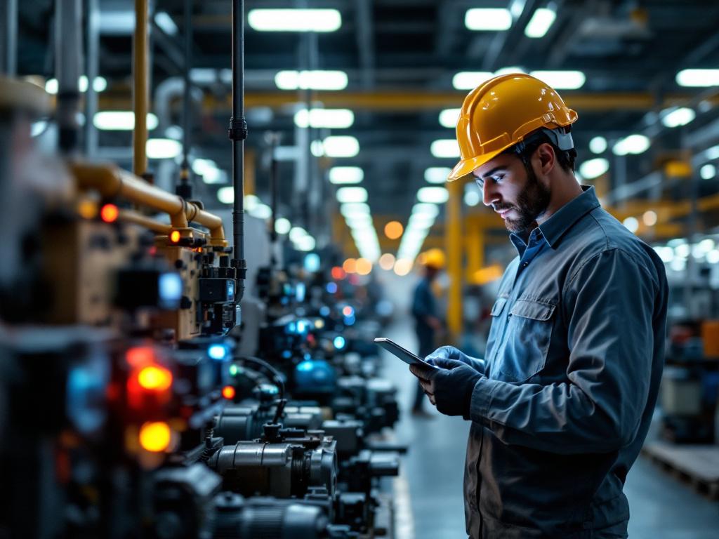 Industrial factory floor showing mixed-vintage equipment — older CNC machines or stamping presses in the foreground with visible aftermarket sensor units (small, boxy modules with antennas or cabling) attached to motor housings or control panels. Mid
