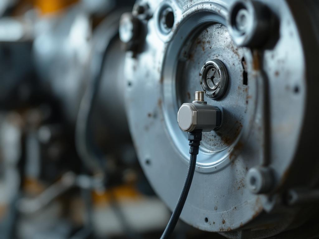 A close-up of a retrofit sensor — small wireless vibration sensor or current clamp — physically attached to the housing of an older industrial motor or gearbox, with cabling visible. Should look like real installation, not a marketing render.