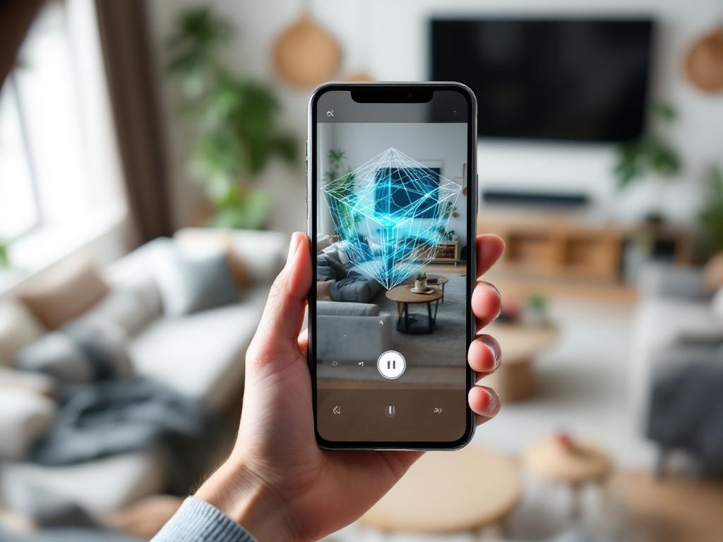 Hero image — close-up over-the-shoulder shot of a person holding an iPhone 15 Pro inside a furnished living room. The phone screen shows a live mesh reconstruction overlay (colored mesh wireframe over the real-world camera view). Natural daylight, sl
