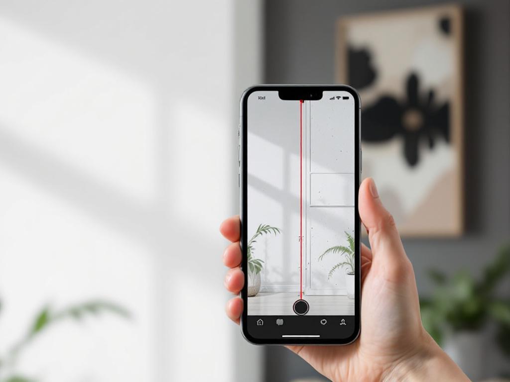 Real-world capture-failure scene — interior corner of a room where one wall is plain white and the other has visible bookshelves and artwork. The phone screen (held in foreground) shows the mesh reconstruction with visible holes/gaps along the blank 