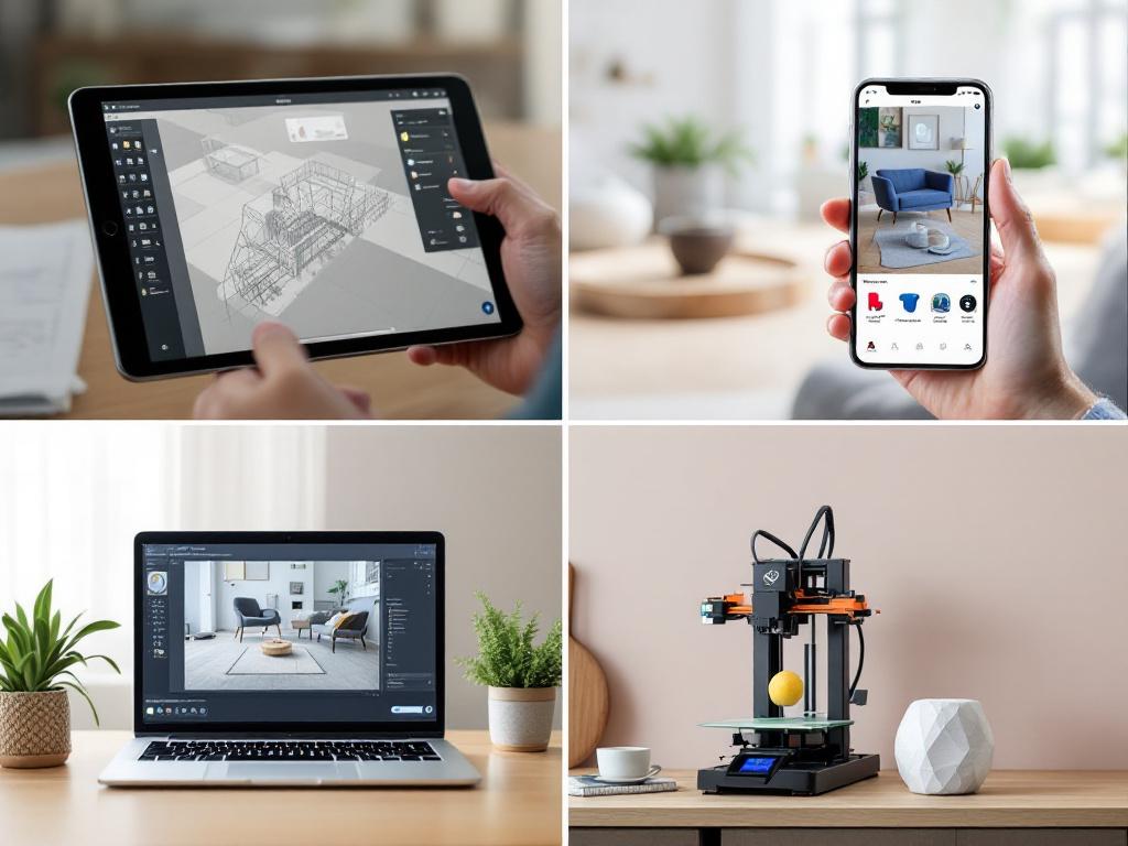 Split-frame composite, 2x2 grid. Top-left: architect's iPad showing a SketchUp model with an imported mesh reference layer. Top-right: e-commerce product page on a phone showing AR Quick Look placing a 3D chair in a real living room. Bottom-left: res