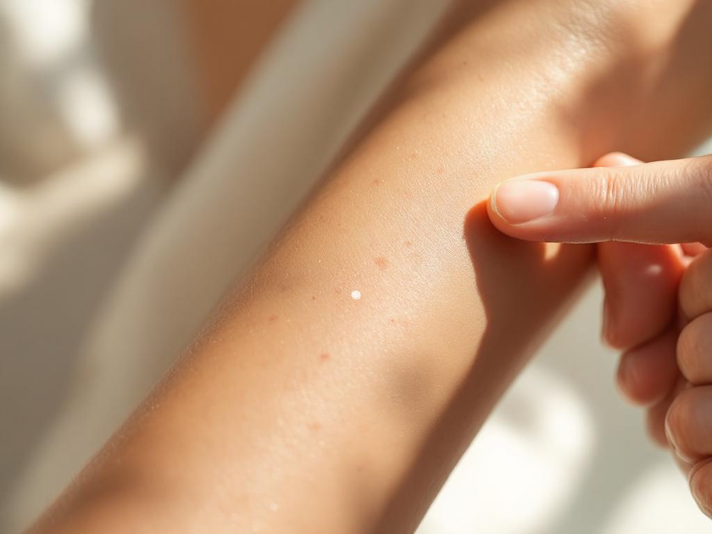 Close-up of an adult forearm in soft natural daylight, showing a mix of small benign freckles and one larger pigmented mark, with a hand gently pointing toward the larger mark. Warm, calm composition, not clinical-sterile.