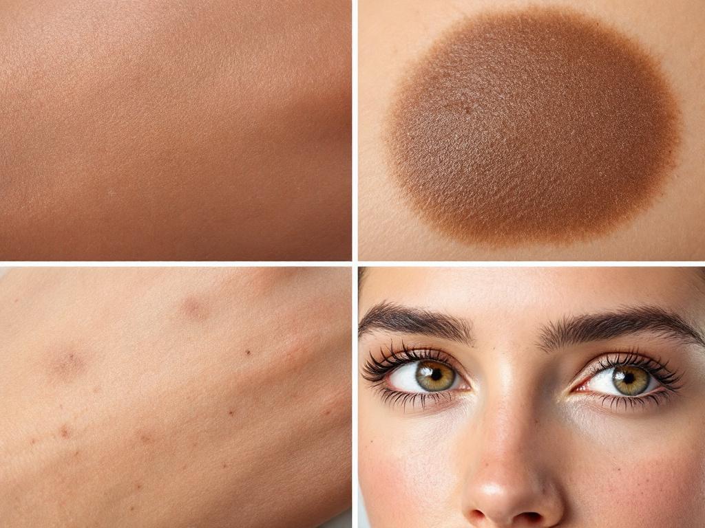 A 2x2 reference grid showing four distinct benign pigment types side-by-side at clinical close-up scale: top-left a flat brown solar lentigo on the back of a hand, top-right a symmetric melasma patch on a cheek, bottom-left a waxy raised seborrheic k