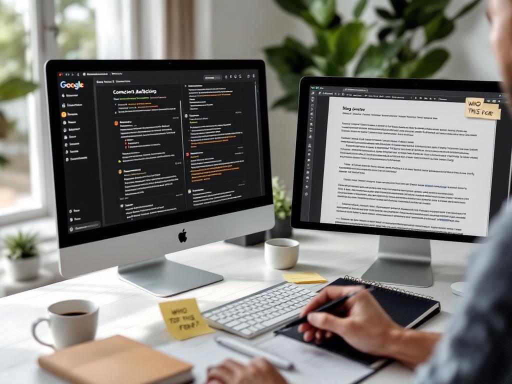 Ruang kerja aktual spesialis pemasaran konten, difoto dari atas bahu. Dua monitor terlihat: layar kiri menunjukkan Google Analytics atau kalender konten (Notion/Asana), layar kanan menunjukkan draft posting blog setengah selesai dengan komentar/edit di th