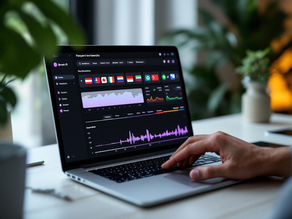 Laptop di atas meja menunjukkan dasbor lokalisasi — bendera/kode bahasa berganda terlihat (EN, ES, PT-BR, DE, JA), timeline video di bagian bawah, indikator bentuk gelombang. Tangan di trackpad. Sudut samping. Menyampaikan "AI melakukan beban berat multibahasa