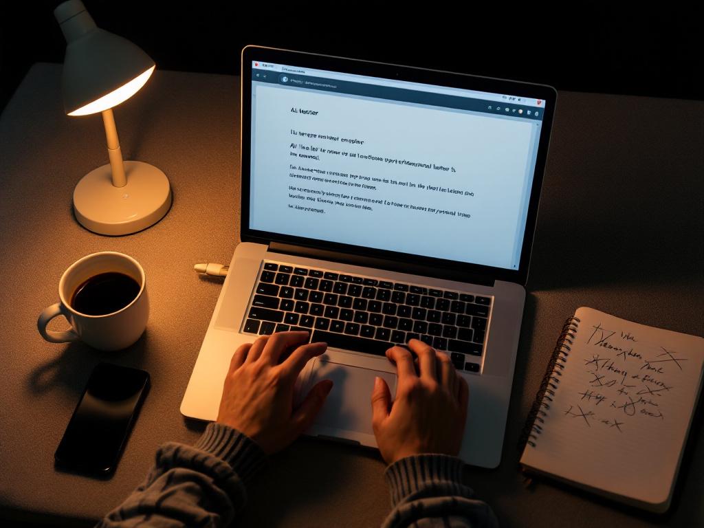 Overhead shot of a laptop screen at night showing a half-written letter with the cursor blinking mid-sentence. A coffee mug, phone face-down, and an open notebook with crossed-out drafts visible. Warm desk-lamp lighting against a dark room. Conveys l