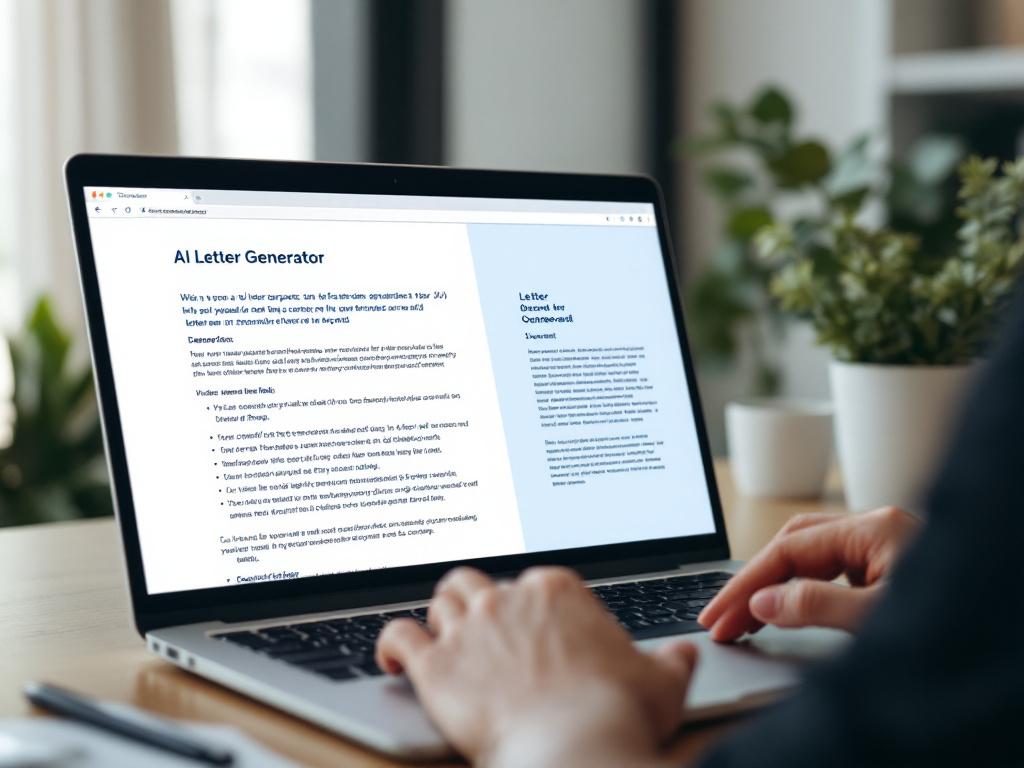 A clean mid-shot of a laptop screen displaying a generic AI letter generator interface (no specific brand). The left pane shows a structured prompt with bullet-point details; the right pane shows a generated letter draft. A hand is visible at the key