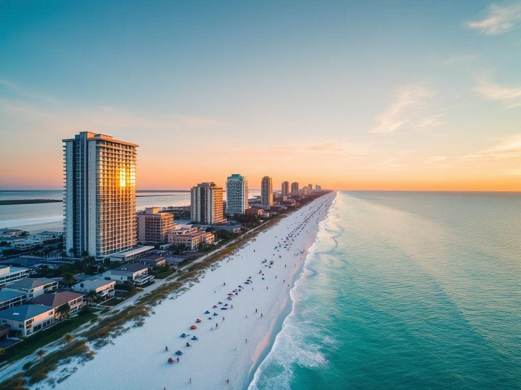 Golden-hour shot of Destin's Holiday Isle / Crystal Beach area showing mixed property density — a beachfront mid-rise condo on the left, lower-rise gulf-front homes center, white sand and emerald water in the foreground. Should read as "Destin s