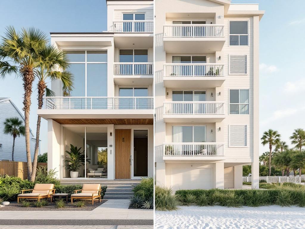 Side-by-side composition or single image showing one new-construction Destin/Sandestin property (modern materials, clean lines, fresh landscaping) adjacent to an established beachfront condo building (1990s–2000s architecture, mature landscaping, bal