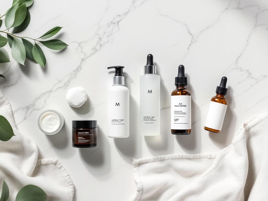 Hero shot — overhead flat-lay of a morning prep sequence on a marble or pale wood counter. Cleanser bottle, hydrating toner with a cotton round beside it, a serum dropper, gel moisturizer jar (lid off, product visible), tinted SPF tube, and a small p