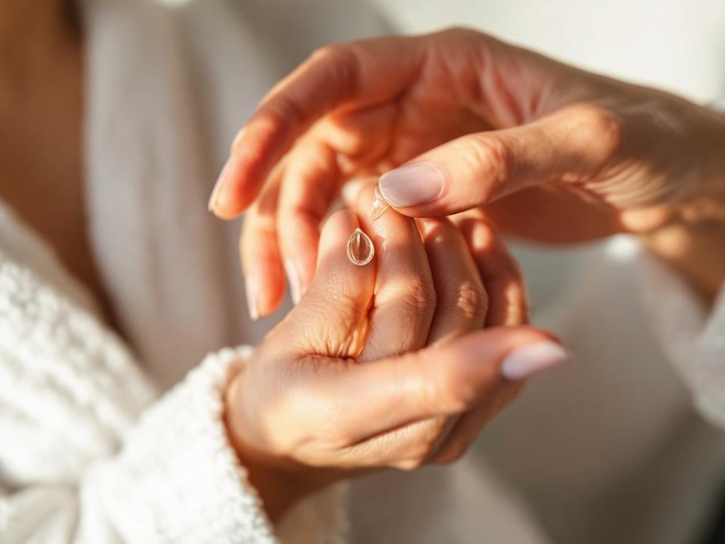 Close-up shot of two hands pressing a single drop of clear serum into a cheek, with soft side-lighting that catches the wetness on the skin. Shoulder of a robe visible at the edge. The composition emphasizes the "press, don't rub" applicati
