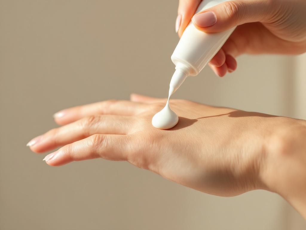 Editorial close-up of a single product being squeezed from a tube onto the back of a hand — emphasizes the "pea-sized" amount referenced throughout. Soft daylight, shallow depth of field, neutral background.