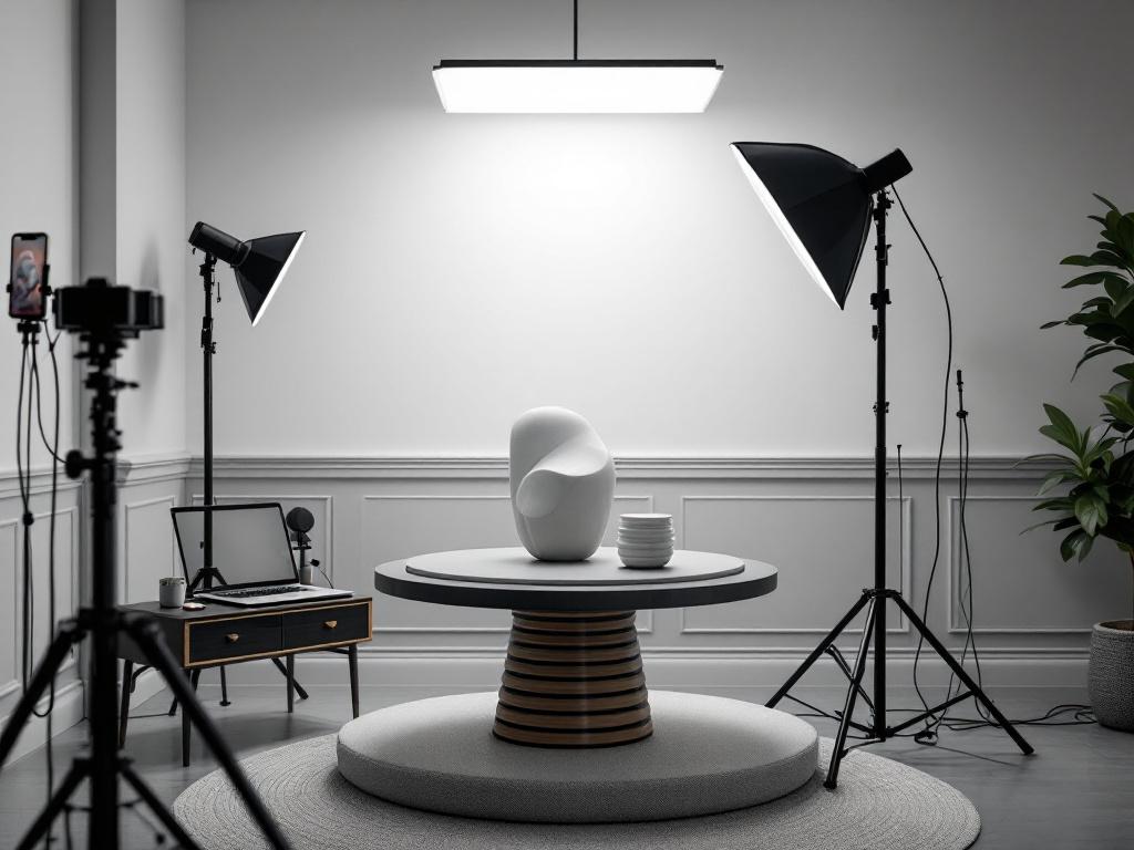 Hero image — a clean, well-lit 3D scanning studio at a 30–45° angle. Visible elements: a turntable or staging platform with a mid-sized object (a chair, sculpture, or product prototype), a tripod-mounted iPhone or operator with handheld device, soft 