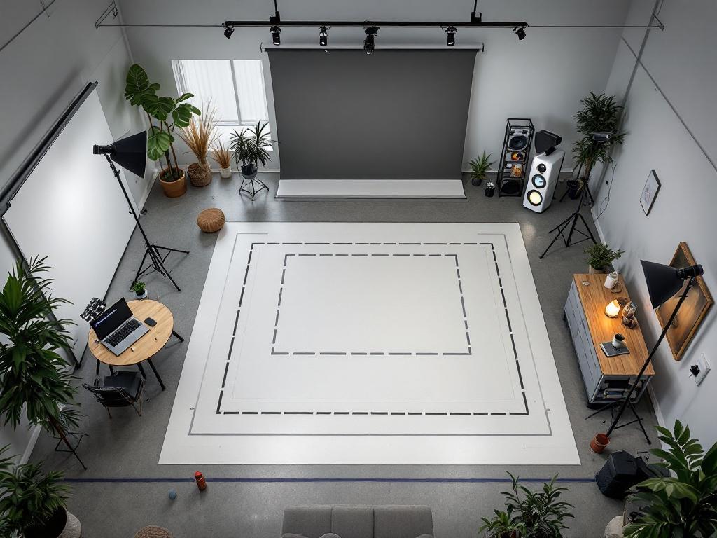 Overhead or 45° wide shot of a studio space showing zoned layout. Visible: taped floor capture footprint, matte walls with intentional reference markers, separate staging table with subjects awaiting capture, equipment cart along the wall, lighting r